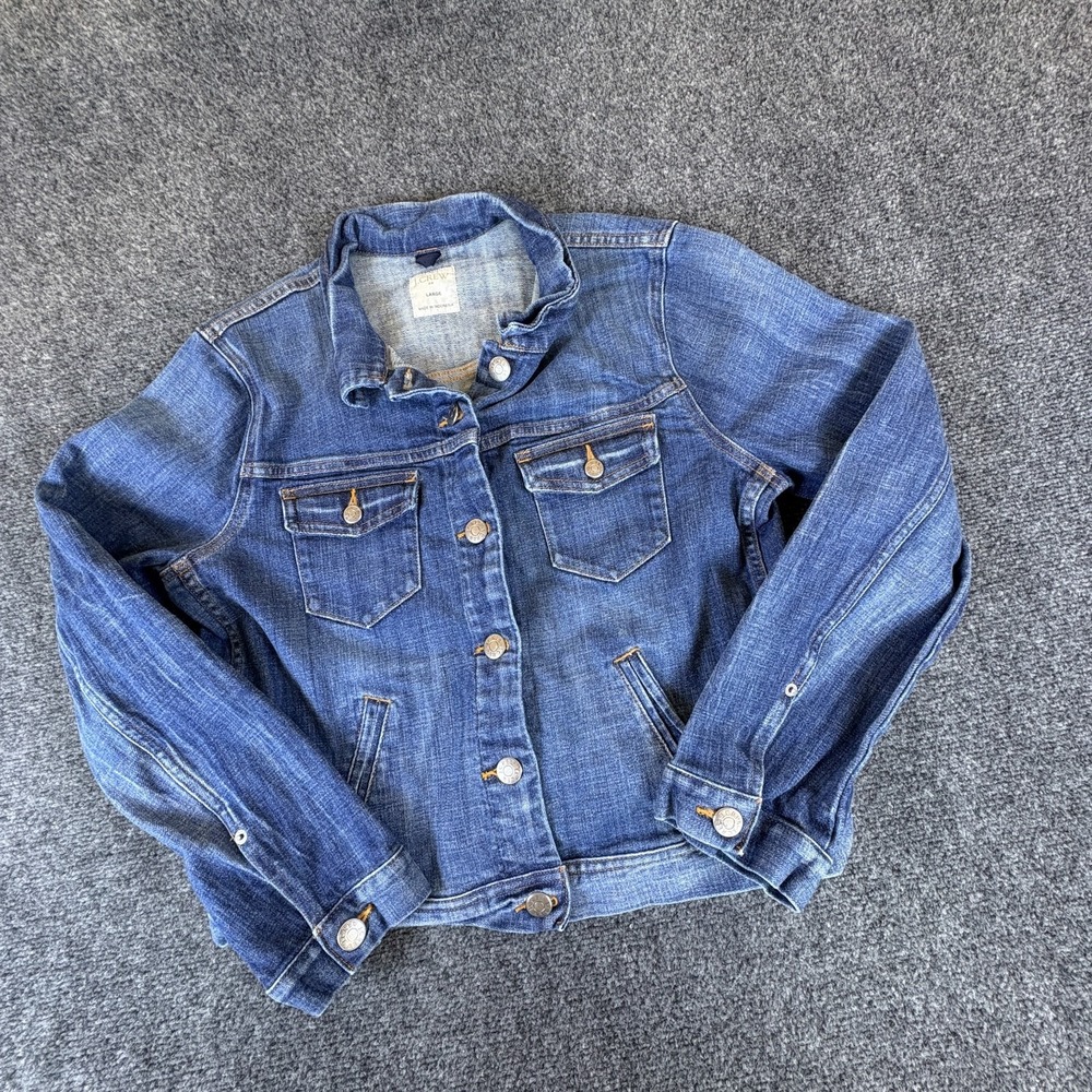 J.Crew Cropped Denim Jacket Women Large Blue Cotton Stretch Pockets Button Front